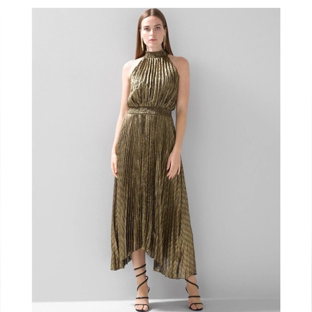 White House Black Market Halter Neck Metallic Gold Black Pleated High-Low Dress